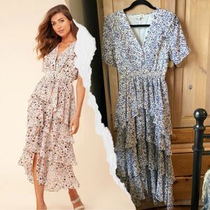 Hale Bob | Elsie Chiffon Tiered Midi Dress Ivory/Lilac Print | Small